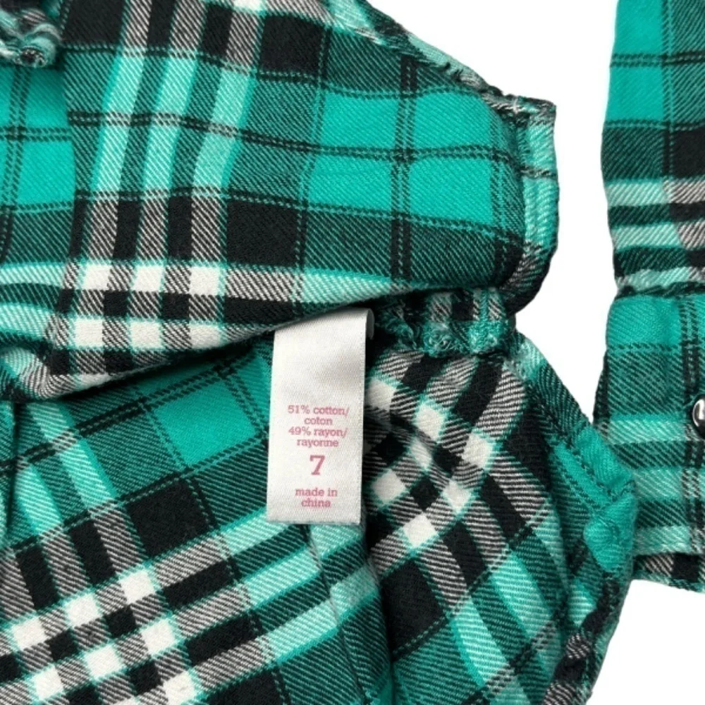 Justice Girls Top Size 7 Teal Black White Plaid Long Sleeve Button Down Shirt